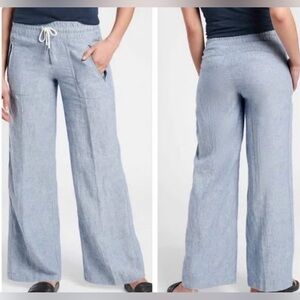 ATHLETA Cabo Linen Wide Leg Pants Women Sz 0 Chambray Blue Zipper Pockets Travel